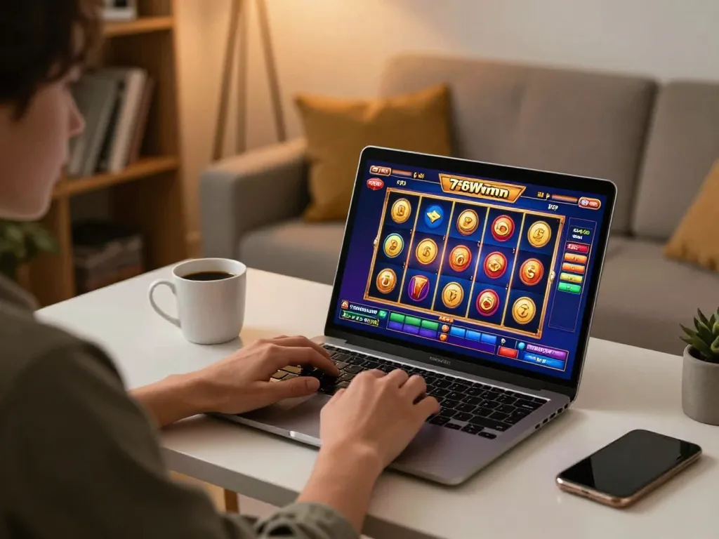 Engaging in online gaming with 78win, player enjoying a colorful slot interface on a laptop.
