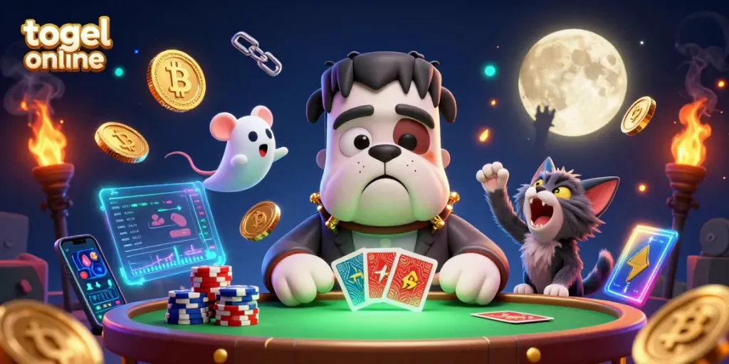Bermain togel online di meja hijau misterius yang dipandu oleh monster bulldog Frankenstein sambil dikelilingi oleh koin dan elemen kripto.