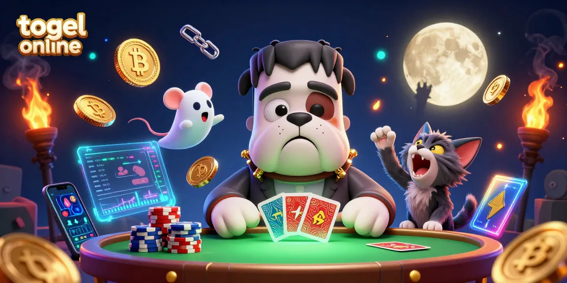 Bermain togel online di meja hijau misterius yang dipandu oleh monster bulldog Frankenstein sambil dikelilingi oleh koin dan elemen kripto.