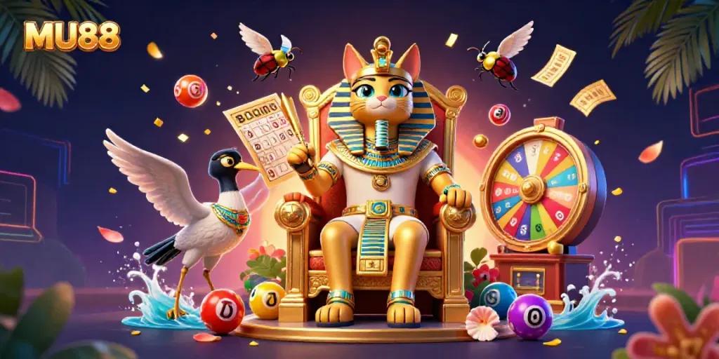Experience exciting games at MU88 with a vibrant scene of a pharaoh cat, gaming elements, and casino excitement.