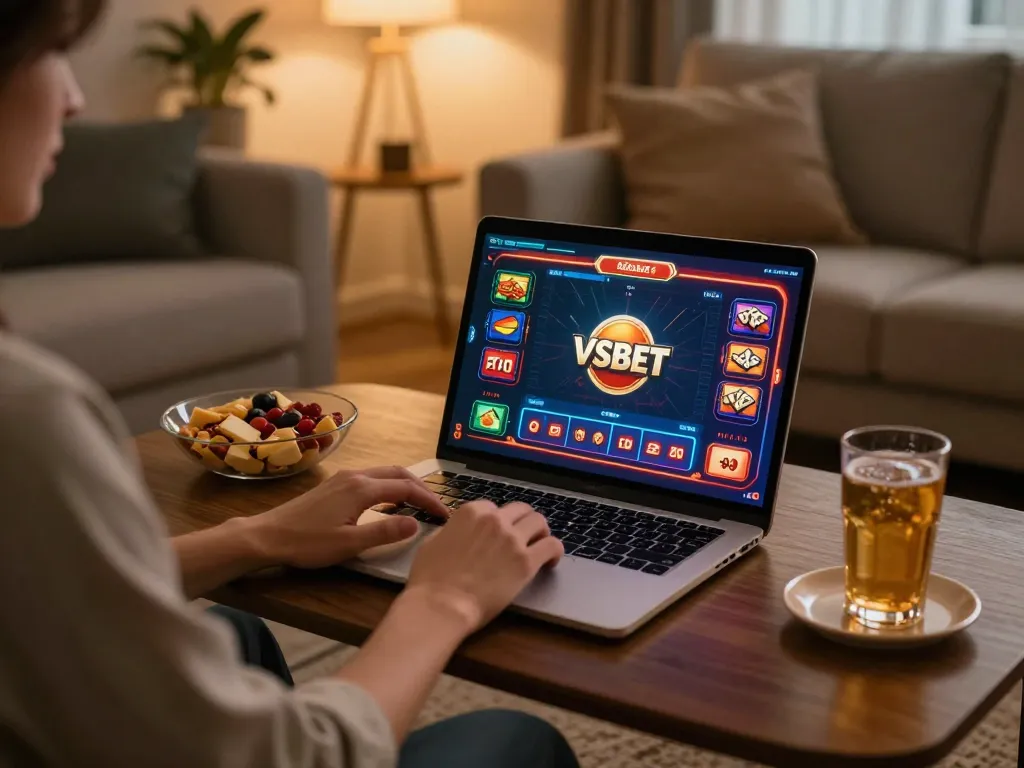 Engaging in VSBET online gaming with a laptop in a cozy living room