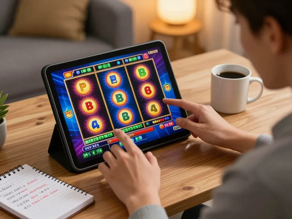 Engaging online gaming experience with UG DEWA on tablet and vibrant slot graphics