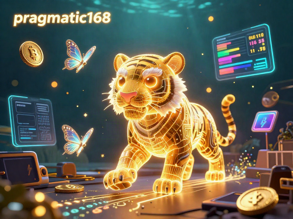 Experience the thrilling world of pragmatic168 with a neon-wireframe tiger and crypto elements illuminating the digital casino scene.