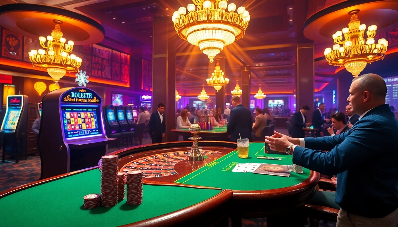 Players enjoy thrilling games at https://69vn.br.com/, surrounded by vibrant casino elements and exciting visuals.
