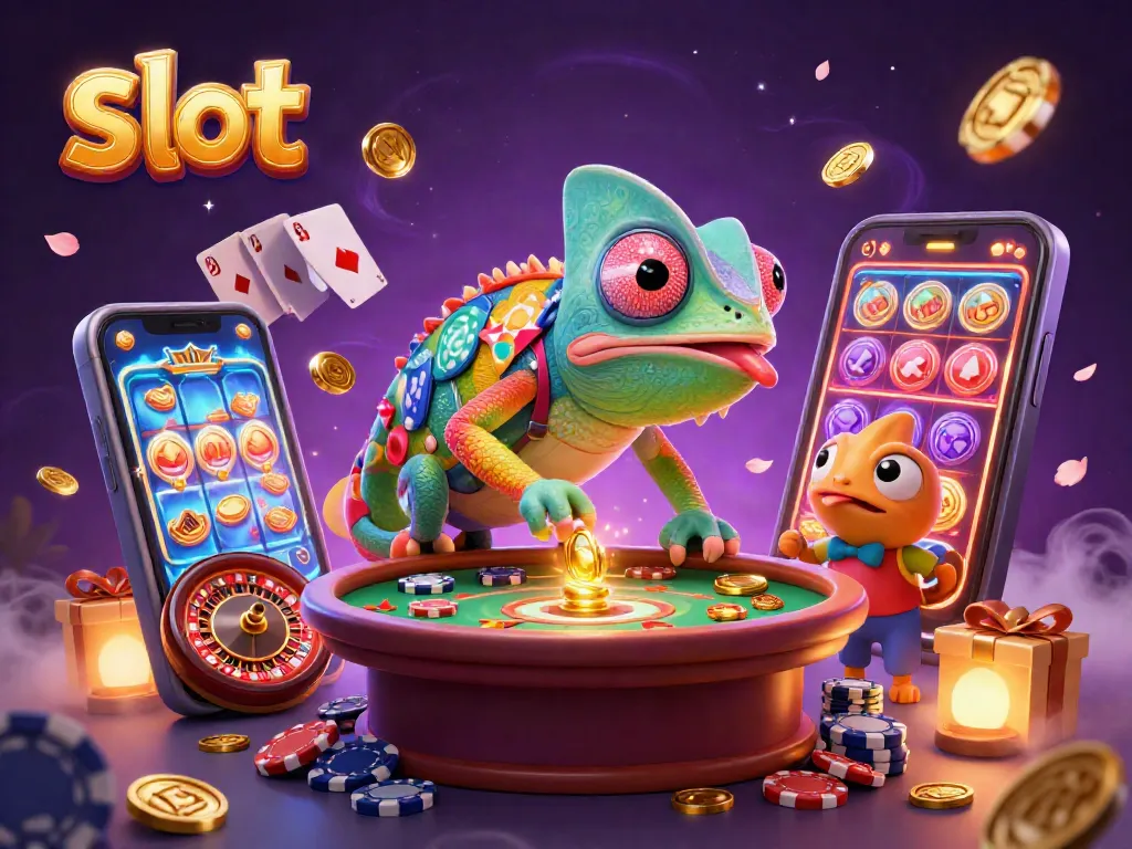 Menangkan slot dengan permainan kasino menarik, chameleon mengawasi meja roulette dan ponsel slot.