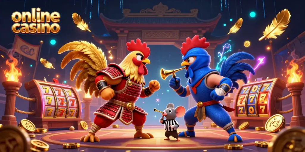 Online casino scene showing twin fighting roosters in armor, vibrant golden feathers in action.