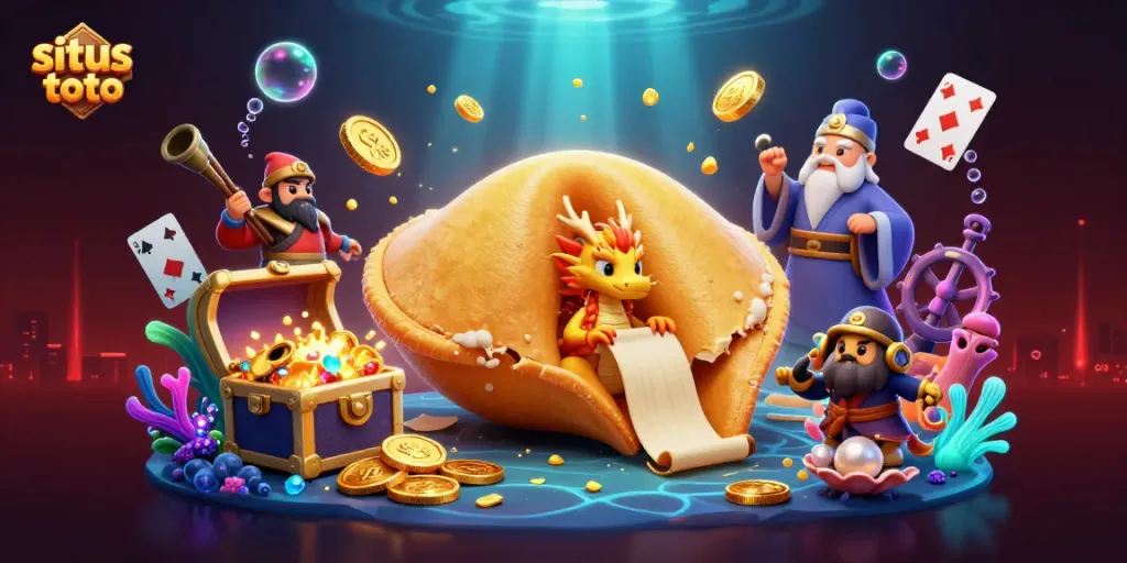 Engage with situs toto through a dynamic casino scene featuring a wise dragon and playful characters