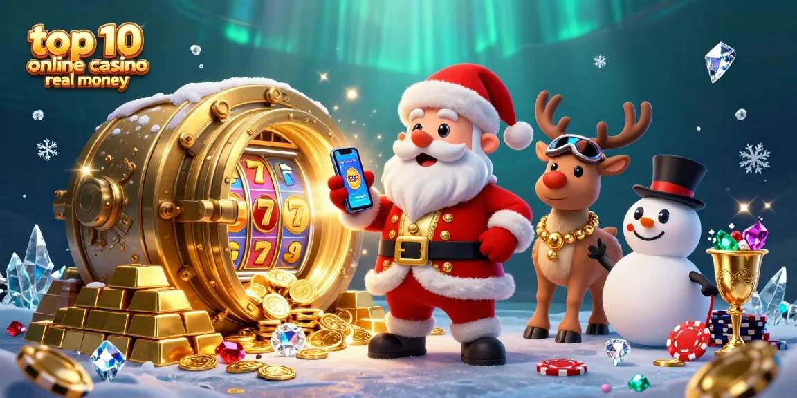 Engage with top 10 online casino australia real money through a festive casino scene featuring Santa and cheerful characters.