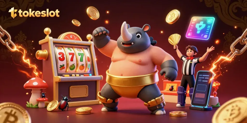 Tokeslot's dynamic gaming illustration features a beetle champion amidst flying coins and vibrant slot machines.