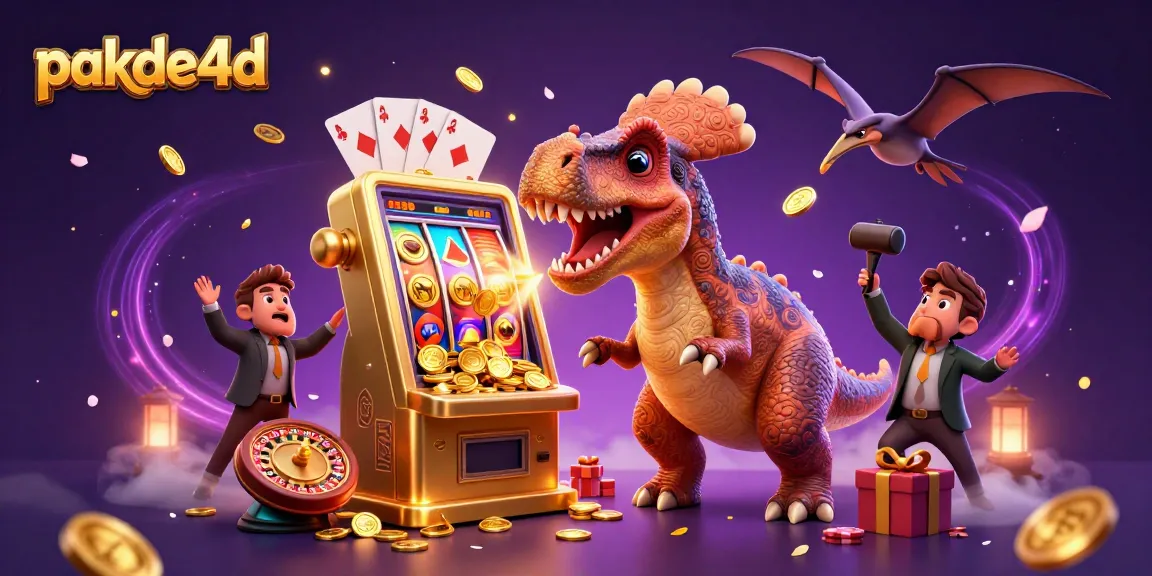 Pakde4D showcases a unique 3D casino scene with dinosaurs, featuring exciting jackpot wins and dynamic gaming elements.