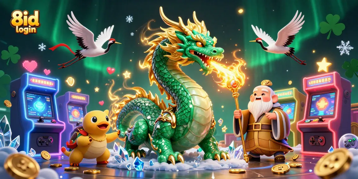 Experience exciting gaming thrills with 8id login, featuring a jade dragon and vibrant arcade elements