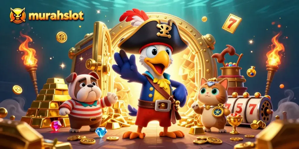 Engage in exciting gameplay with murahslot, featuring a dynamic 3D pirate scene full of treasures and slots.