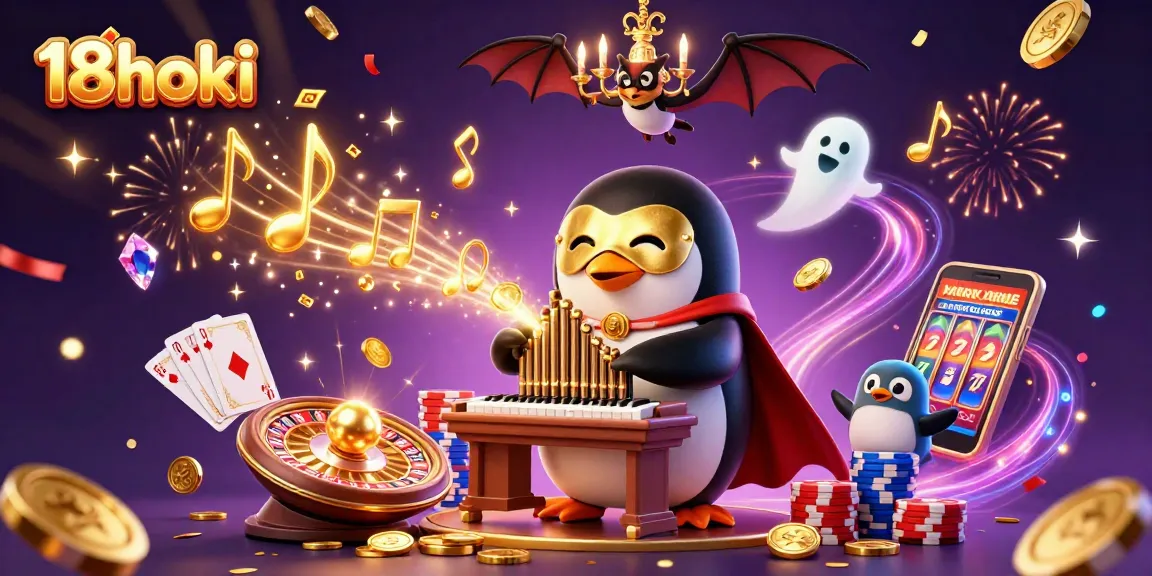 Experience winning vibes with 18hoki as the cartoon penguin plays, showering coins in a lavish casino scene.