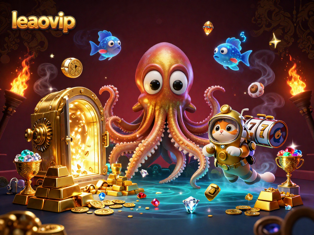 Experience the exciting leaovip world of vibrant casino treasures with a colossal kraken and diving cat.