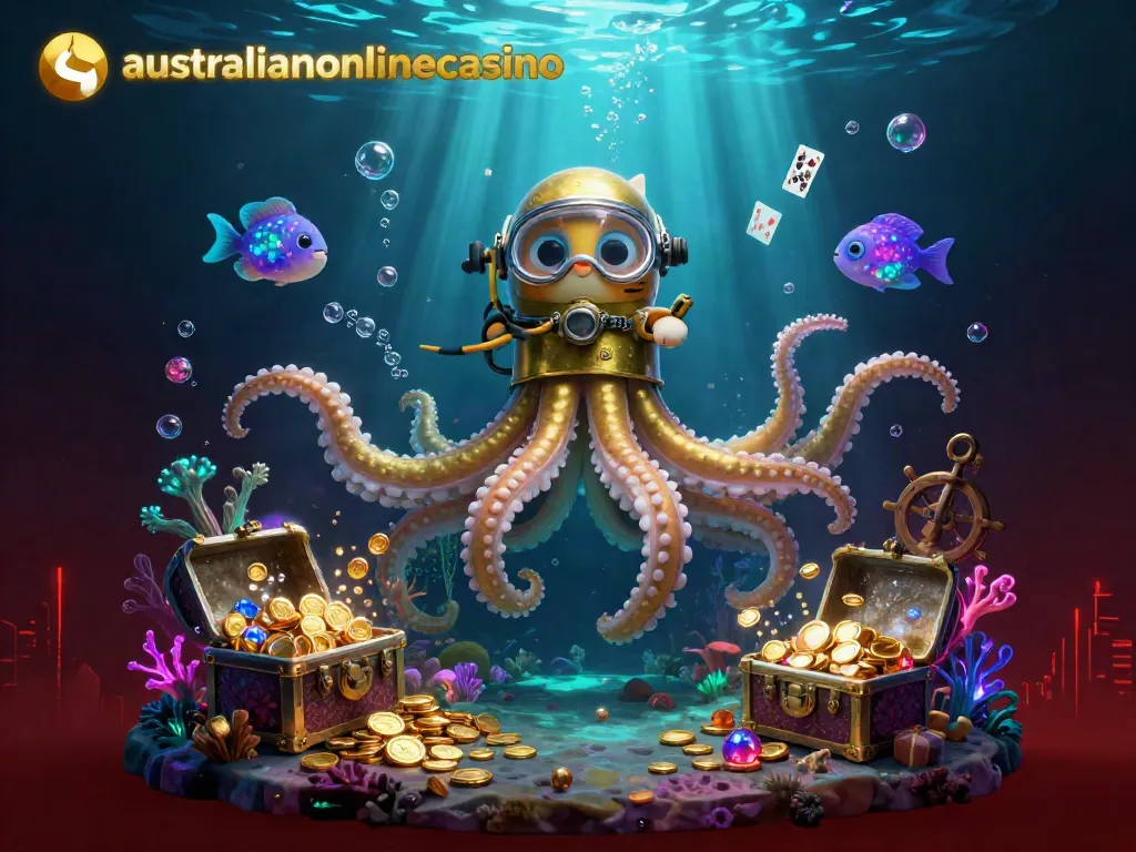 Experience thrilling gameplay with australianonlinecasino's vibrant 3D kraken scene filled with treasures and game elements.