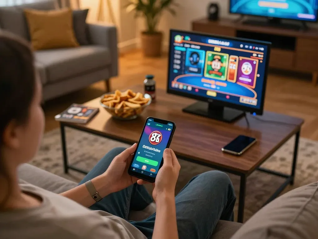 Engaged user playing 8KBET on a smartphone in a comfortable home environment, showcasing online gaming.