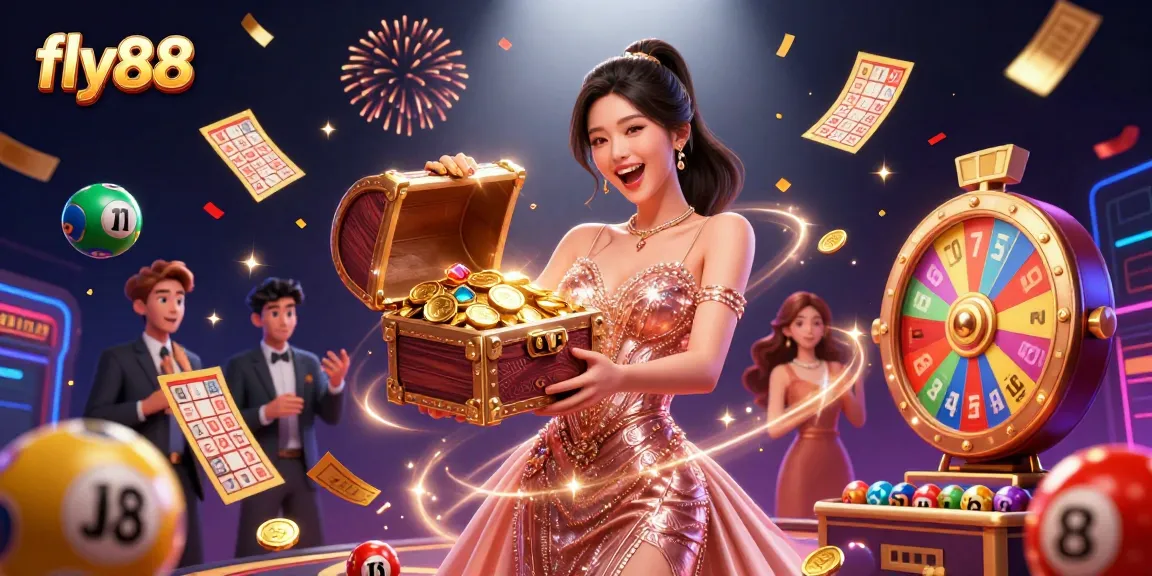 Experience the excitement of fly88 with thrilling games and treasures in a vibrant casino scene.