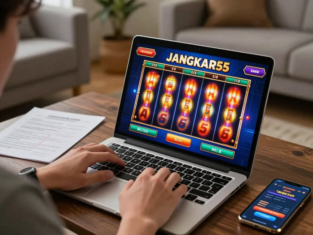 Engaging gaming moment at home playing JANGKAR55 online slots with focused strategy notes.