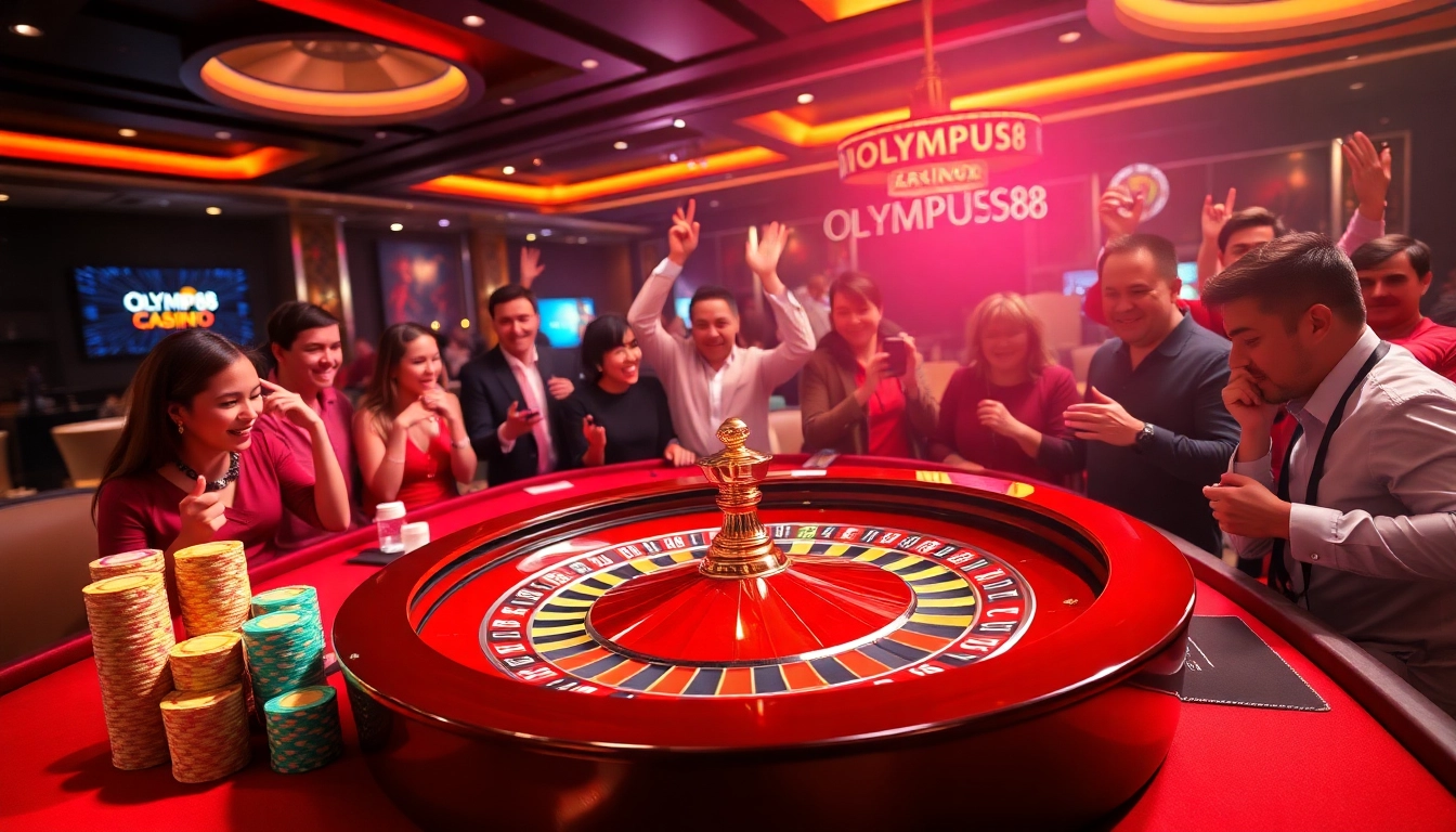 OLYMPUS88 memperlihatkan suasana kasino dengan meja roulette dan pemain yang bersemangat.