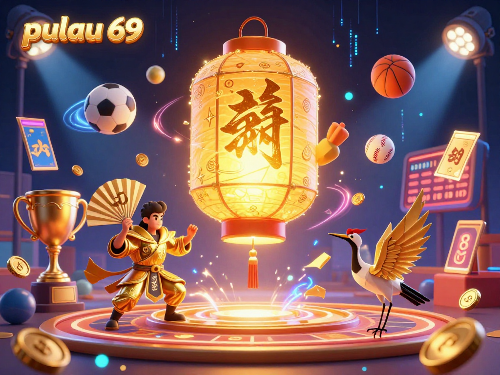 Engage with pulau 69's dynamic casino scene featuring vibrant lanterns and energetic sports elements.