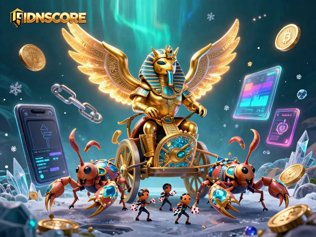 Experience IDNSCORE's thrilling gaming with an epic scene featuring a golden scarab beetle and scorpions.