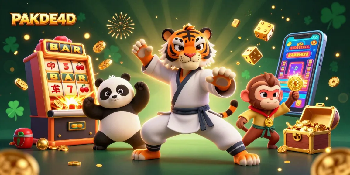 Experience the thrill of lottery gaming with PAKDE4D's vibrant illustration featuring fun characters and exciting casino elements.