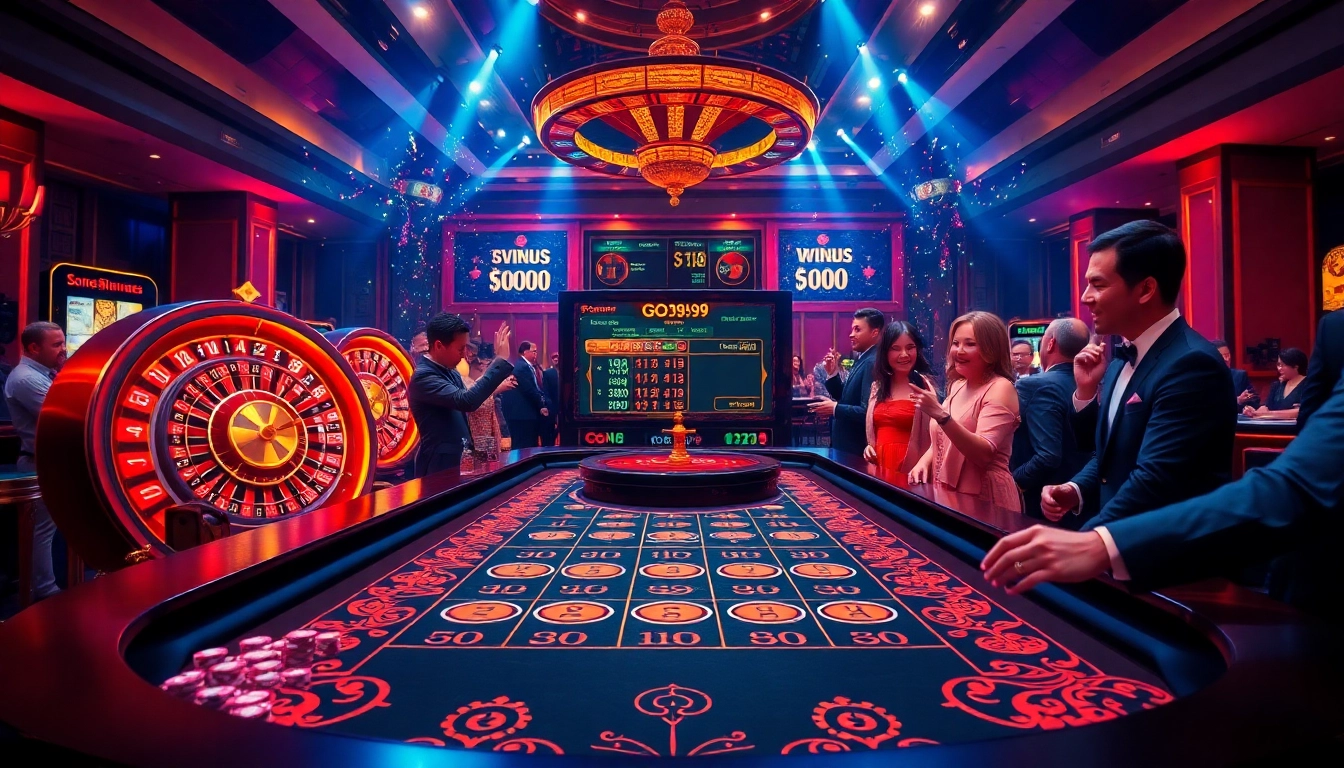 Experience the excitement at the go 99 gaming table with colorful roulette wheels and poker chips.