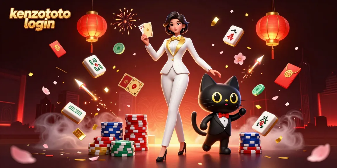 Engage in kenzototo login with an exciting scene featuring an elegant woman shuffling cards alongside a playful black cat.