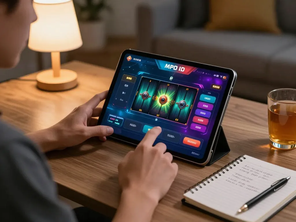 Engaging with MPO ID's interactive gaming on a tablet in a cozy living room, highlighting strategic gameplay.