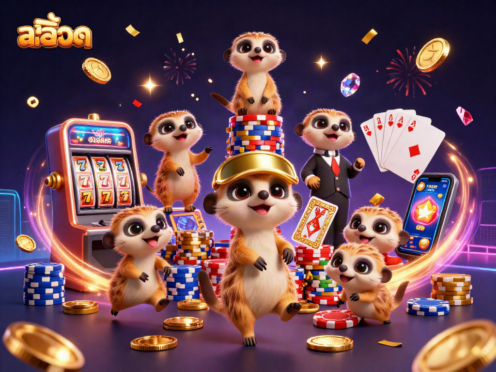 Experience excitement with สล็อต as meerkats operate a busy casino, surrounded by vibrant game elements.