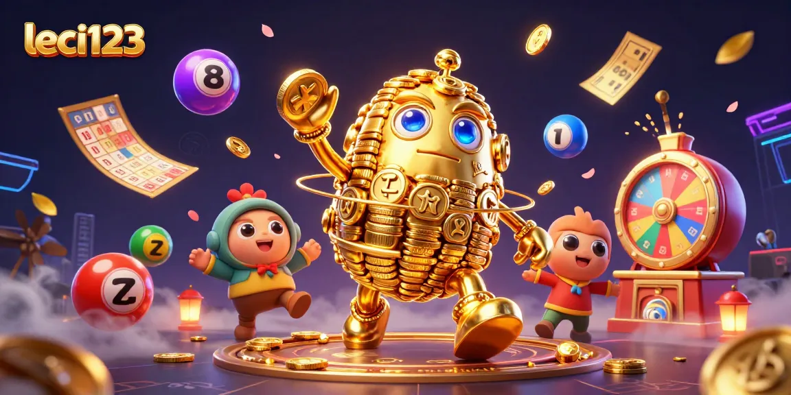 Permainan lotere dan simbol slot bercahaya bersama leci123 dalam ilustrasi kasino yang meriah.