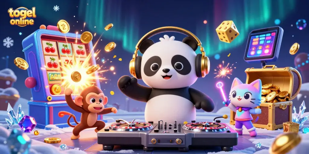 Engage with togel online in a vibrant scene featuring a DJ panda and lively casino elements.