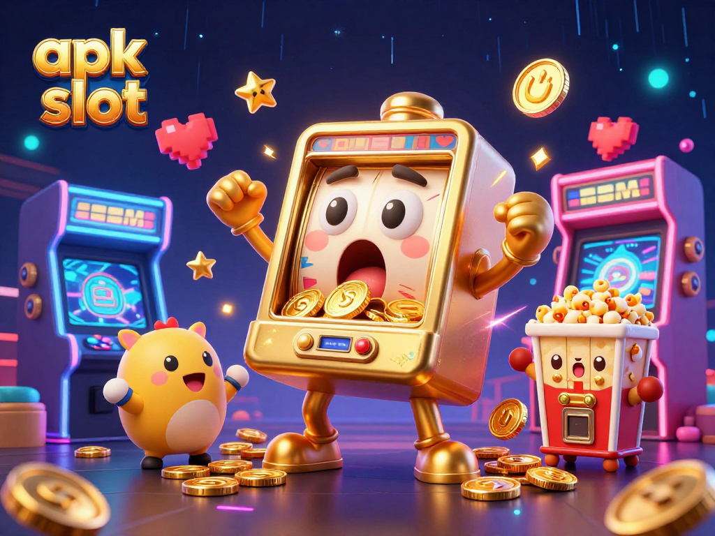 Mesin slot emas 3D menang jackpot di situs apk slot, dikelilingi mesin mini dan popcorn.