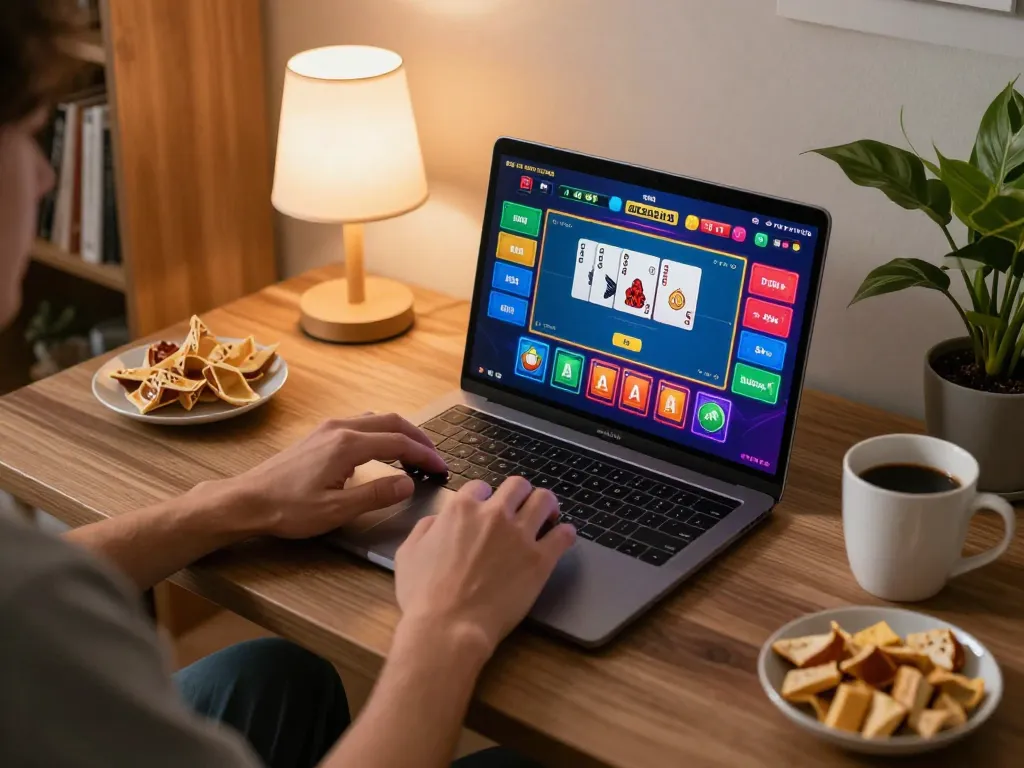 MPOID online casino gaming setup with live dealer interface, cozy home atmosphere, and strategic gameplay.