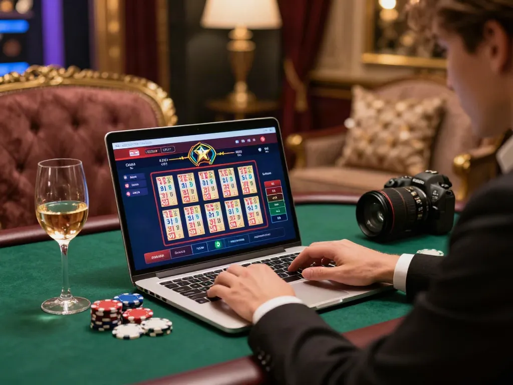 Pengalaman Bandar Togel yang elegan dengan individu menggunakan laptop dalam suasana mewah.