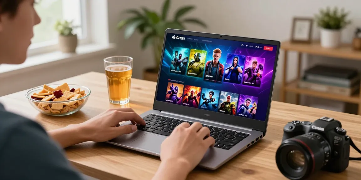 Pengguna sulap338 menikmati permainan online dengan laptop di meja yang nyaman, dikelilingi grafik permainan yang menarik.
