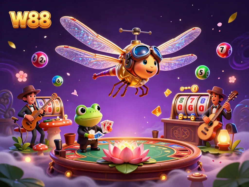 Experience the excitement of W88 gaming with a dragonfly pilot, frog croupier, and jazz musicians.