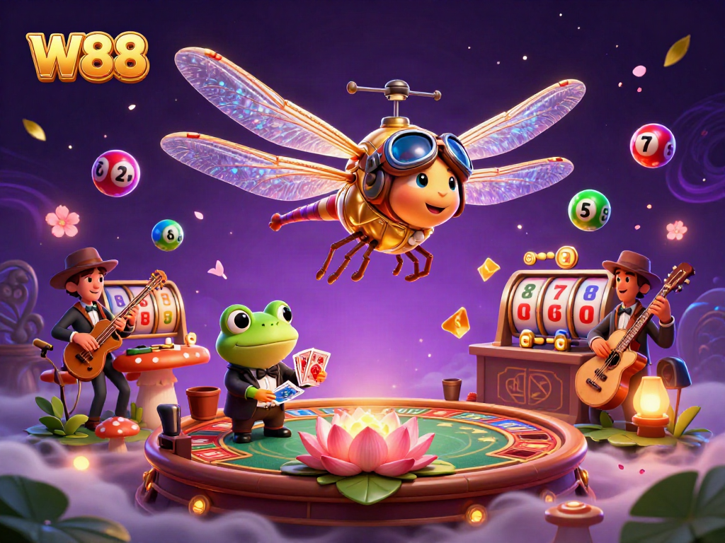 Experience the excitement of W88 gaming with a dragonfly pilot, frog croupier, and jazz musicians.
