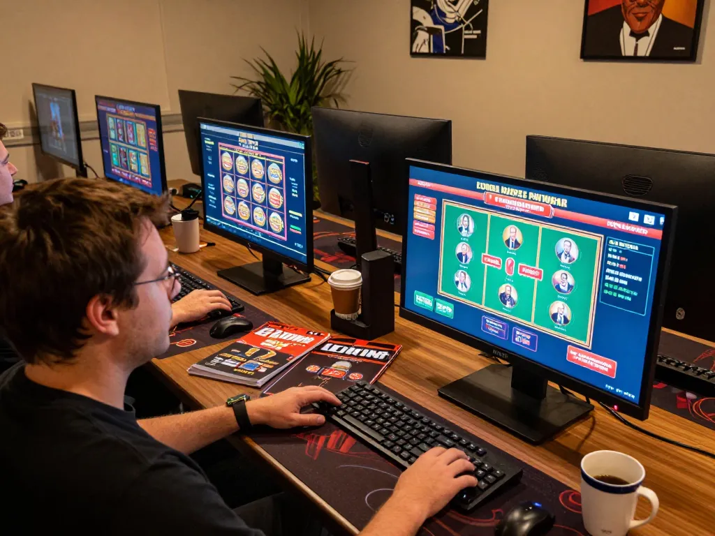 IDNSCORE showcasing an immersive online gaming setup with multiple screens and engaging gameplay elements.