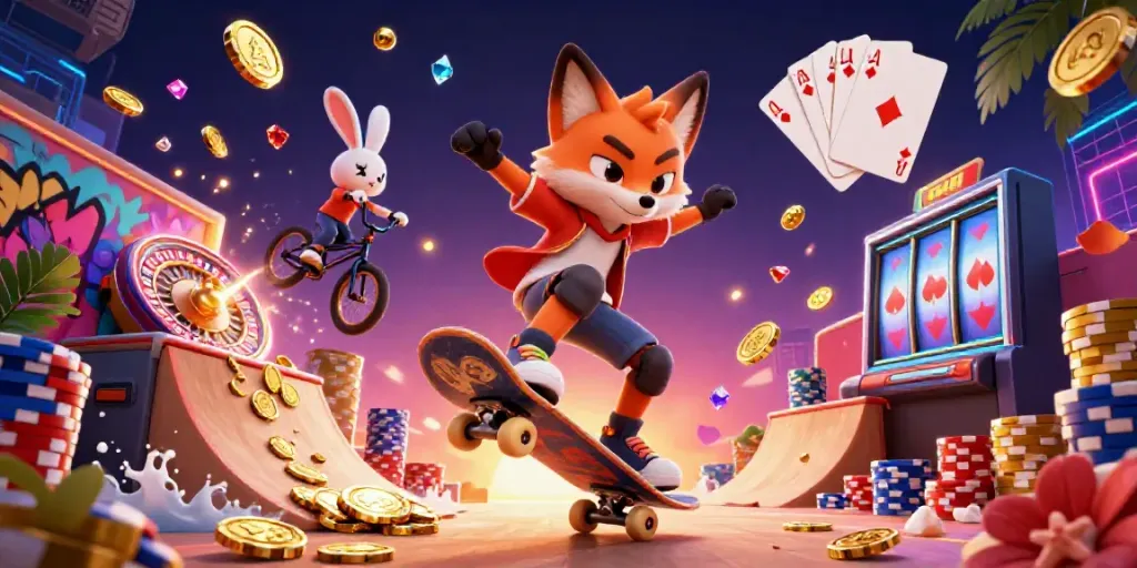 Experience thrilling moments with LX88 in an action-packed casino-themed scene featuring vibrant characters.