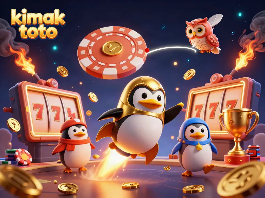 Experience the thrill of kimak toto with a golden penguin blasting through a vibrant casino space scene