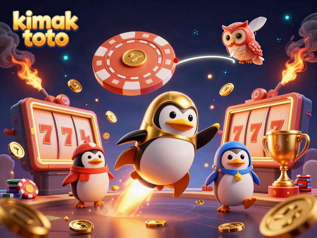 Experience the thrill of kimak toto with a golden penguin blasting through a vibrant casino space scene