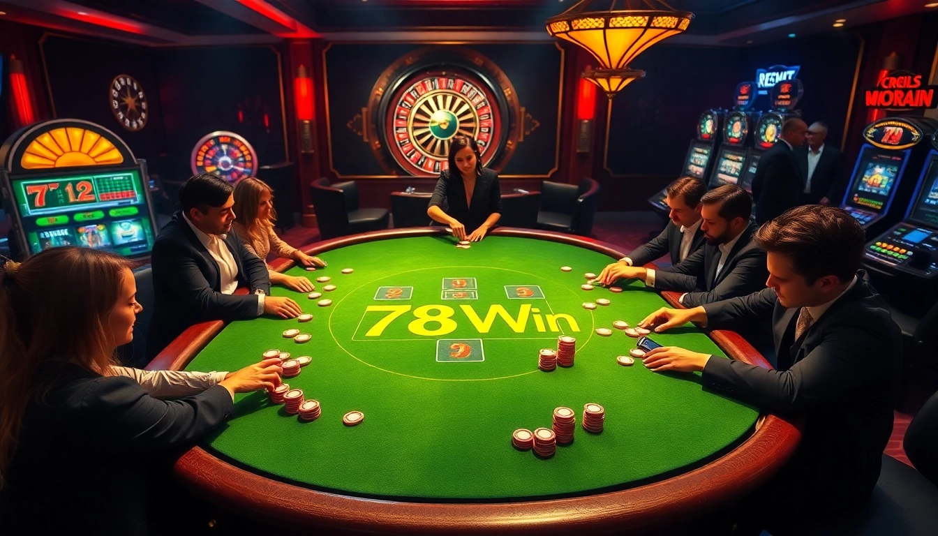 Engaged players enjoying high-stakes poker at 78 Win casino, vibrant atmosphere with elegant decor.