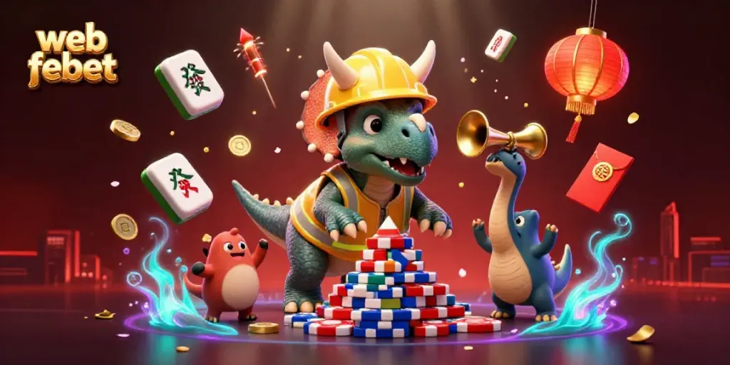 Experience web febet excitement with a triceratops building poker chips in a vibrant casino scene.