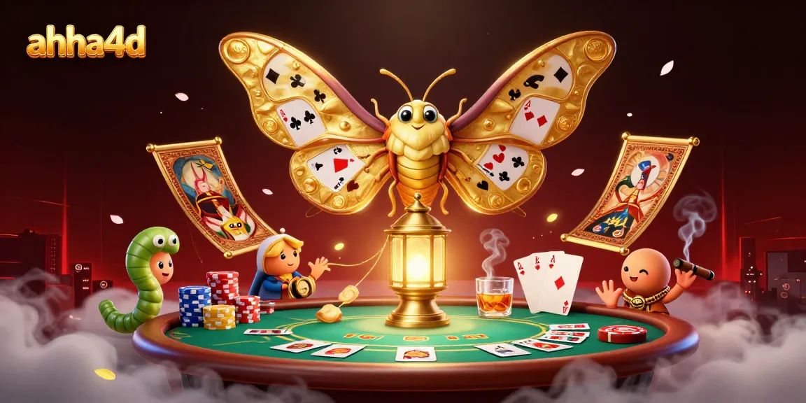A 3D illustration showcasing ahha4d with a cartoon moth symbolizing casino energy, surrounded by dynamic poker elements.