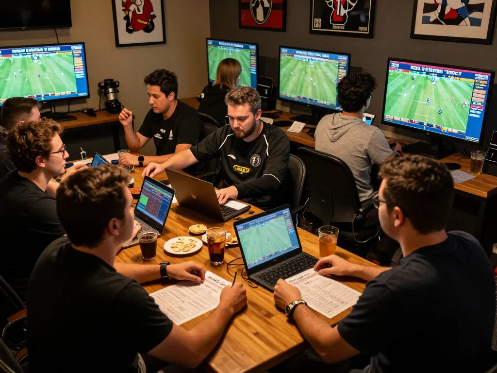 Active sports betting scene showcasing bettors tracking kèo nhà cái with enthusiastic discussions.