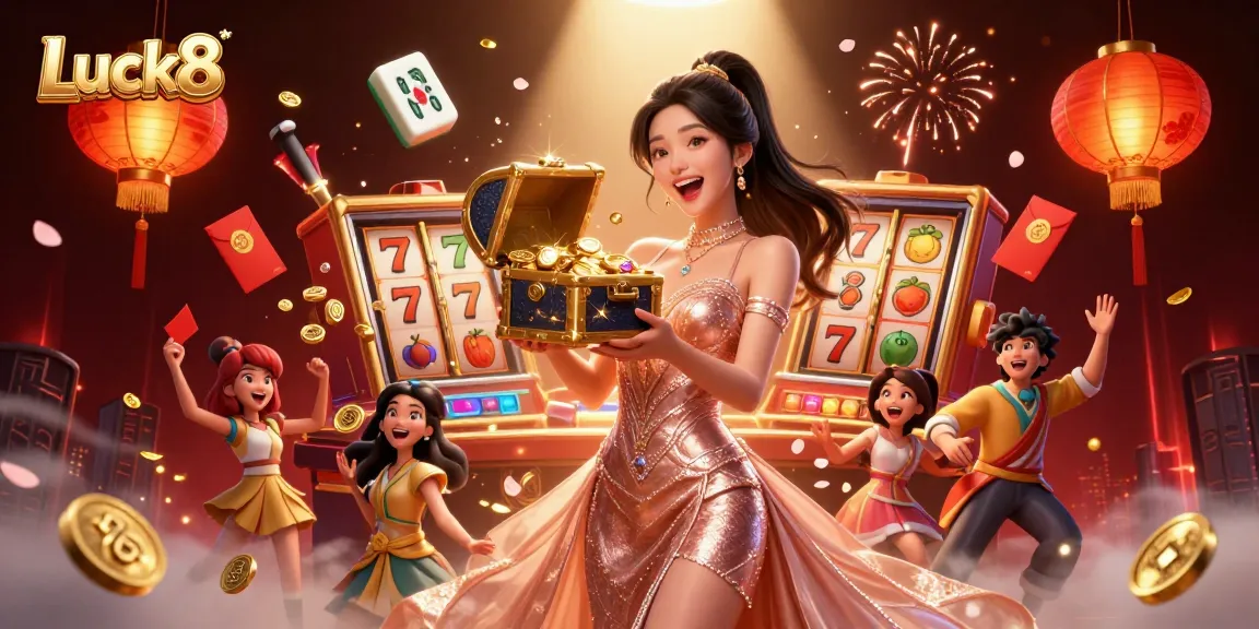 Luck8 casino illustration showcasing a joyful woman revealing treasures in a vibrant, dynamic gambling scene.