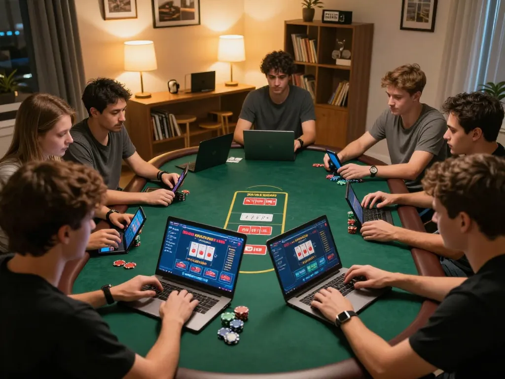 Players enjoying a lively online gaming session through MPO08 Link, showcasing vibrant engagement and home comfort.