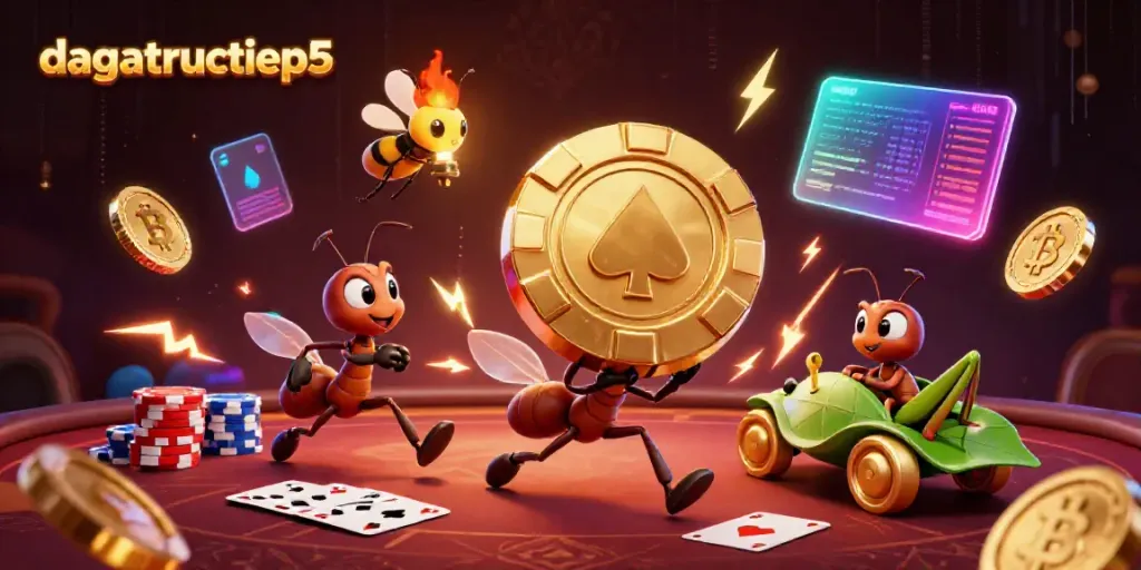 Experience the excitement of dagatructiep5 with a 3D digital heist scene featuring cartoon ant thieves and poker elements.