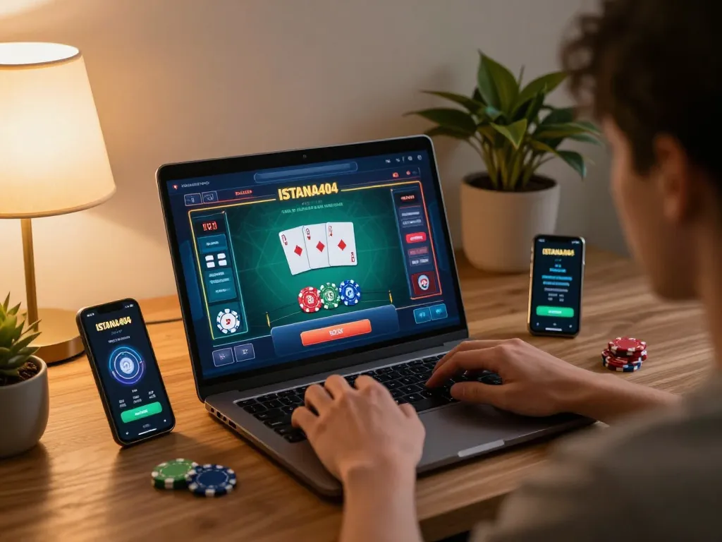 Experience online gaming action on ISTANA404 with a cozy home environment showcasing poker gameplay.